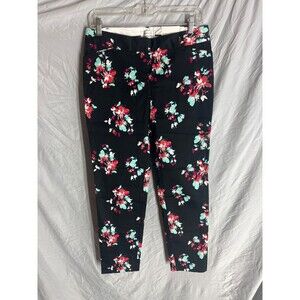 NWT $78 Van Huesen Size 2 Black Floral Print Straight Leg Trousers Pants MidRise